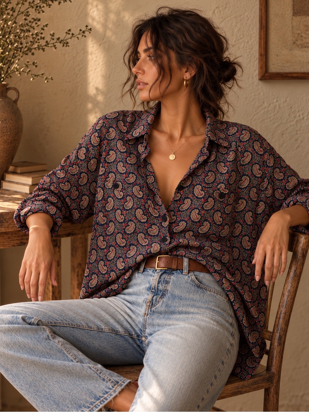 “French Girl” Navy Paisley Rayon Relaxed Fit Blouse, M